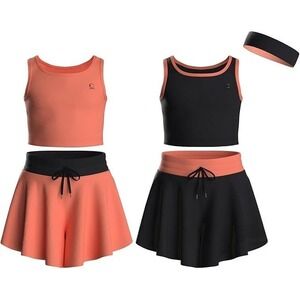 Essenclo Girl's 5pc Athletic Short Skirts w/ Tank Tops - Orange/Black - Sz 11/12